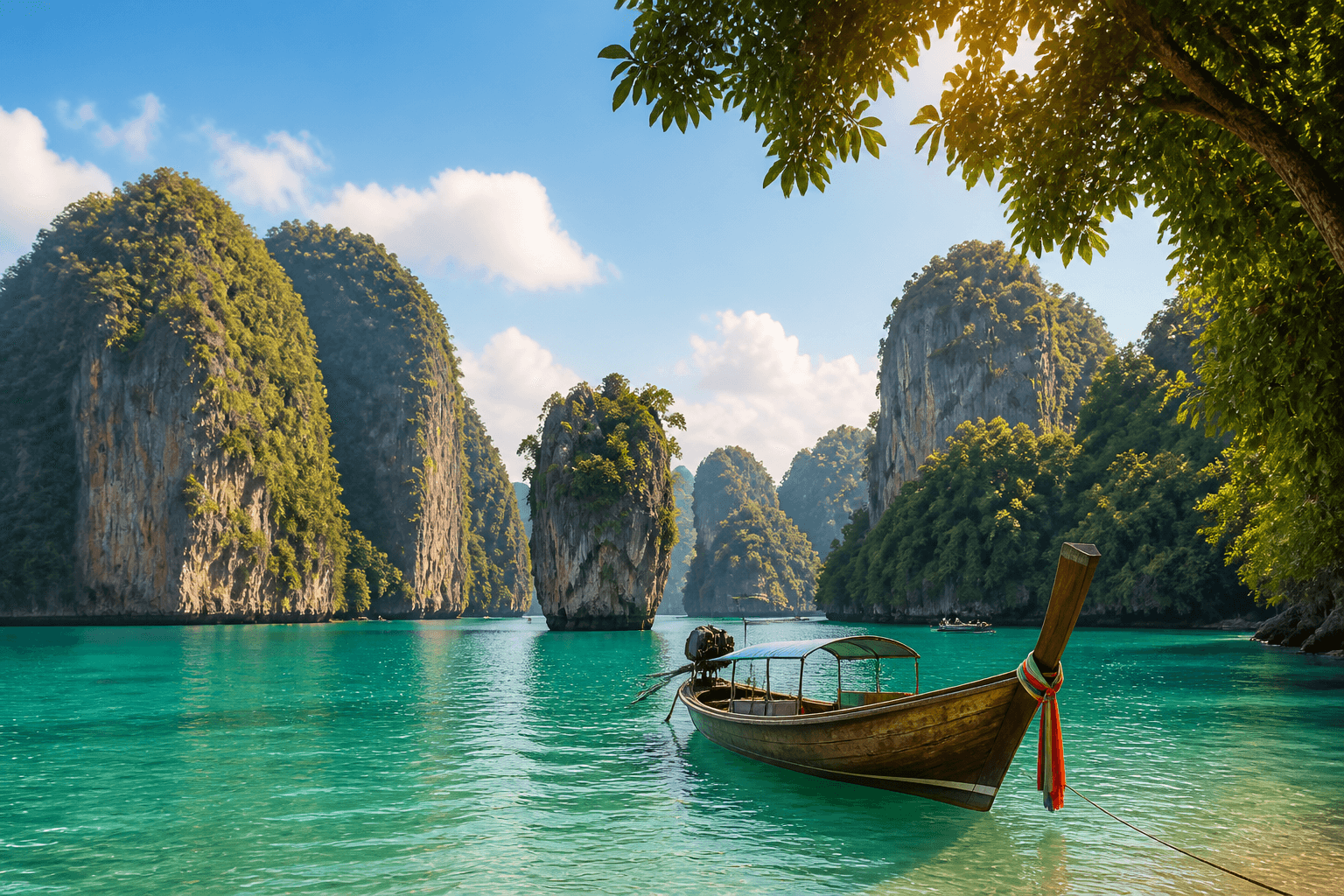 Limestone cliffs and a longtail boat on turquoise tropical water